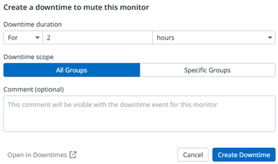 Image displaying the downtime dialog in Datadog