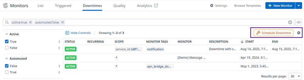 Image showing location of Schedule Downtime button on Manage Downtimes tab of Monitor screen in Datadog